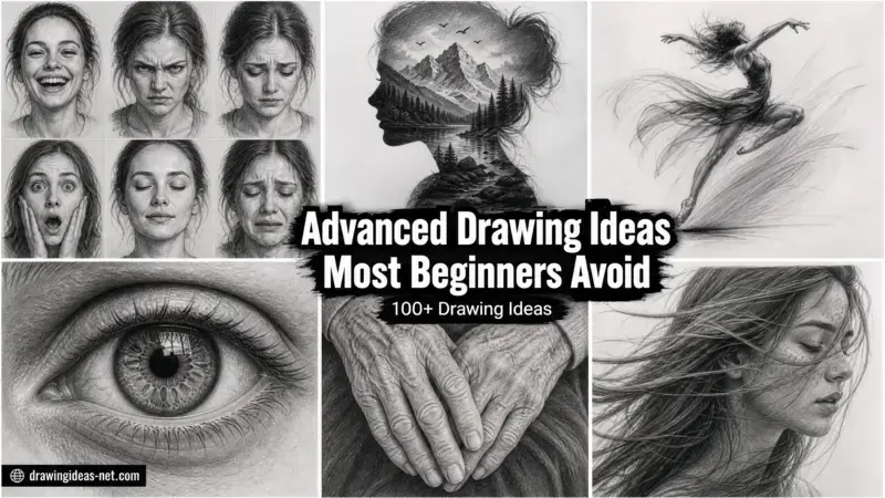 Advanced drawing ideas collage with realistic pencil sketches of facial expressions, surreal silhouette landscape, dancing figure, detailed eye, elderly hands, and flowing hair portrait artwork.