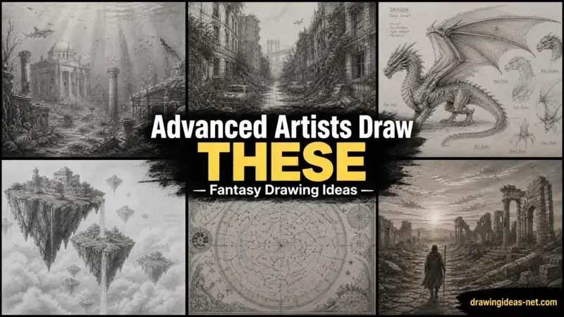 Advanced fantasy drawing ideas featuring dragon sketches, underwater ruins, floating islands, ancient maps, and post-apocalyptic landscapes in detailed pencil art style.