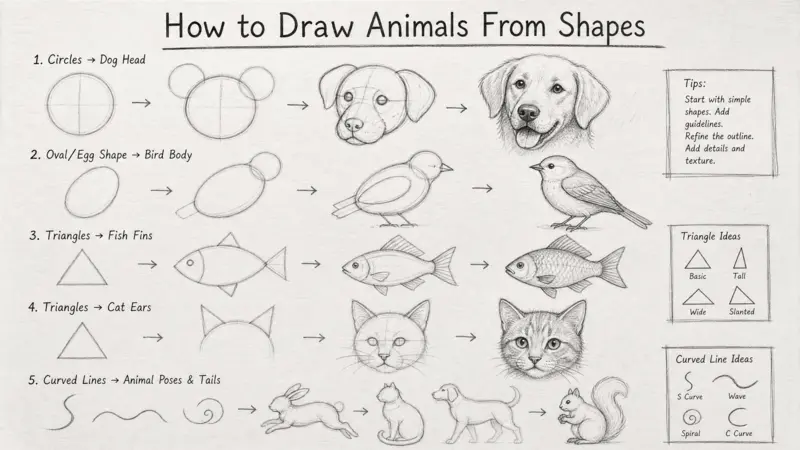 How to Draw Animals From Shapes with basic geometric forms