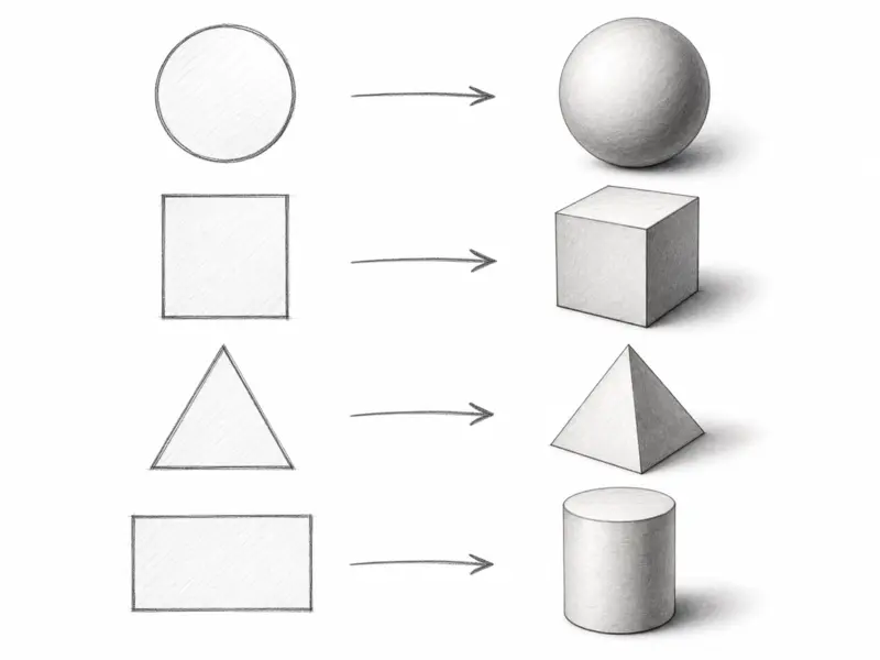 Basic Shapes for Drawing showing transition from flat shapes to 3D forms