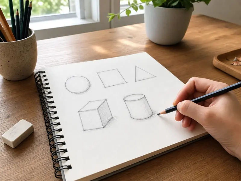 Basic Shapes for Drawing showing beginner sketchbook with simple geometric shapes