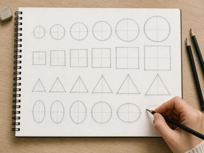 Basic Shapes for Drawing practice sheet with circles squares and triangles sketch