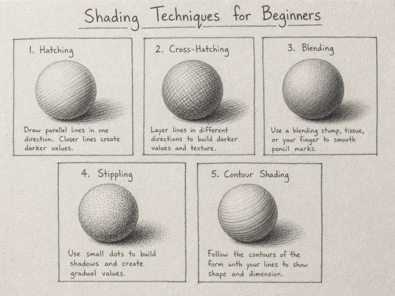Shading Techniques for Beginners including hatching blending and stippling