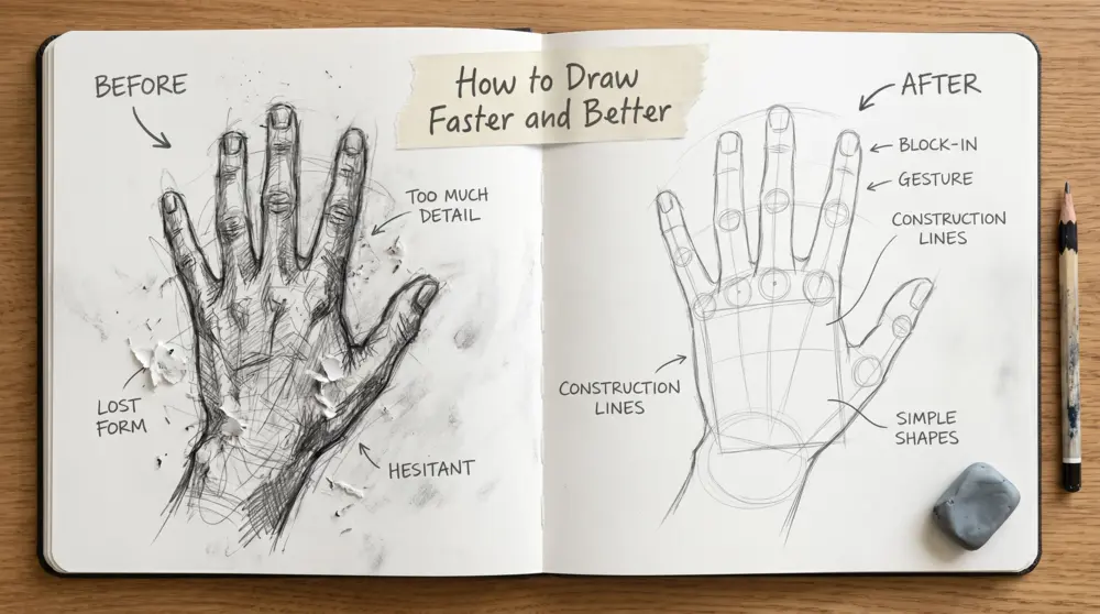 Examples of slow drawing habits and sketching mistakes