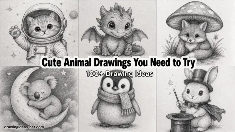 Cute animal pencil sketch collage featuring astronaut cat, baby dragon, fox under mushroom, sleeping koala on moon, penguin with scarf, and magician bunny drawing ideas for beginners.