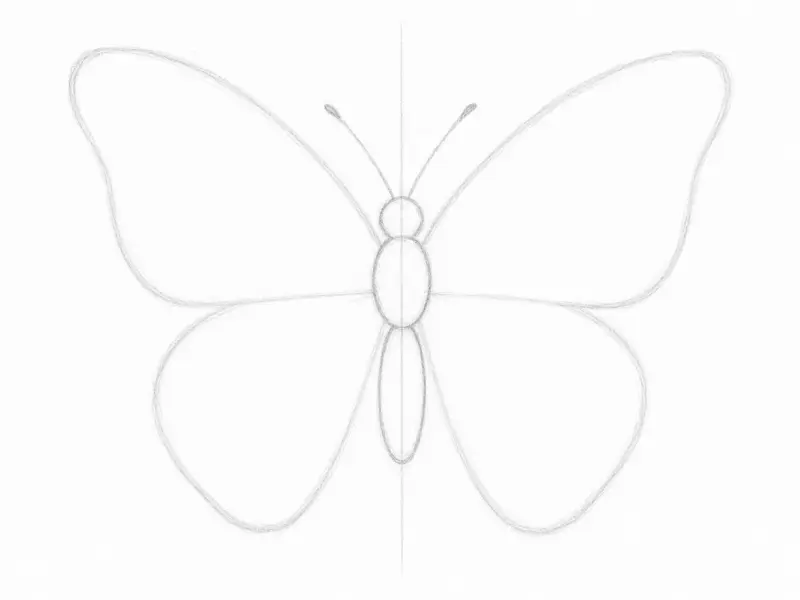 Sketch showing butterfly anatomy and symmetry axis for the "Draw a Butterfly" guide.