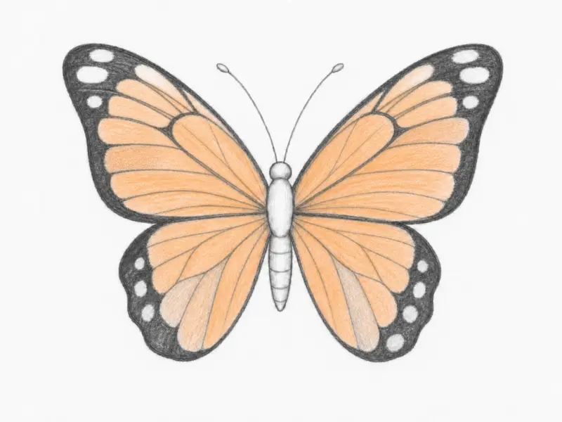 Applying a light orange base color to the butterfly wings in the "Draw a Butterfly" guide.