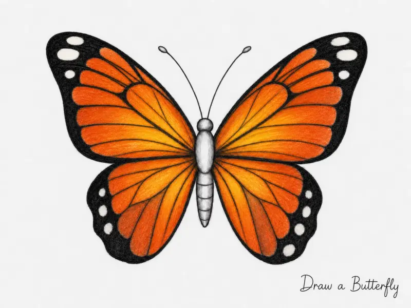 Adding sharp black contrast and final details to the completed "Draw a Butterfly" drawing.