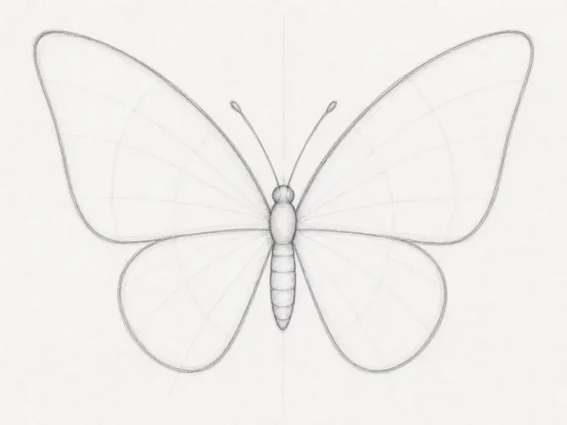Adding upper and lower wing outlines to the body in the "Draw a Butterfly" step-by-step guide.