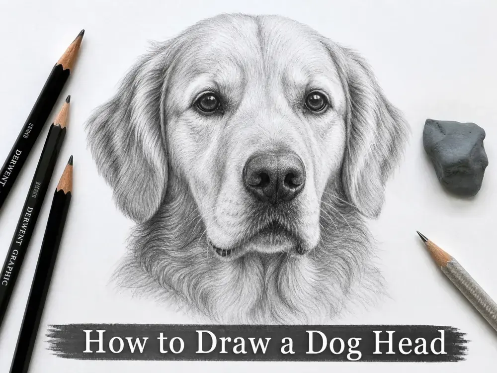 Realistic pencil drawing of a Golden Retriever head, step-by-step guide on how to draw a dog head.