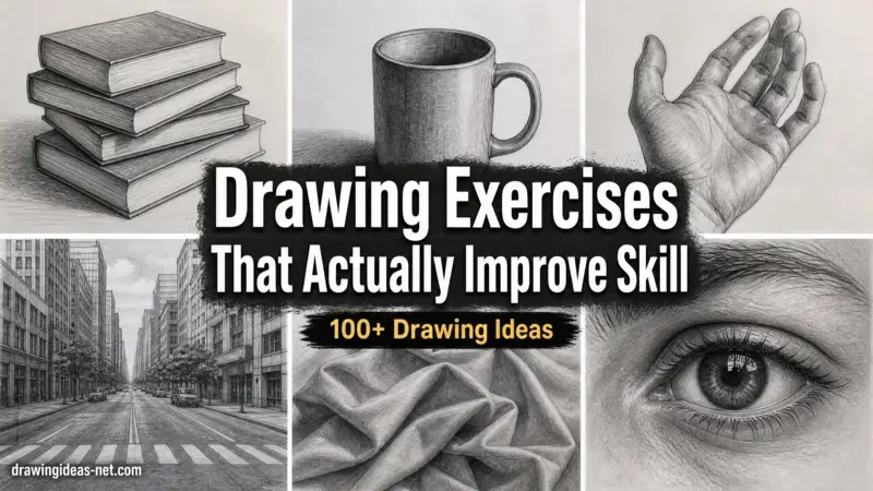Drawing ideas collage featuring pencil sketch exercises of books, mug, hand, eye, fabric, and city street for beginner artists.