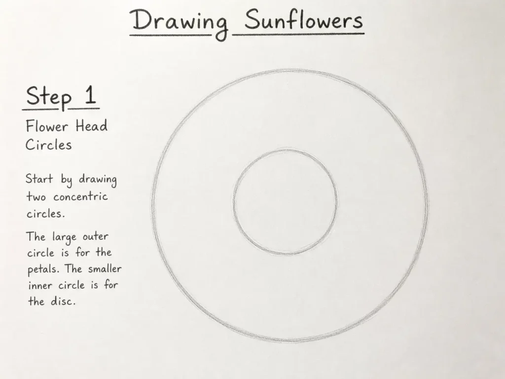 A pencil sketch showing the first step of drawing a sunflower with a large outer circle and a smaller inner circle.