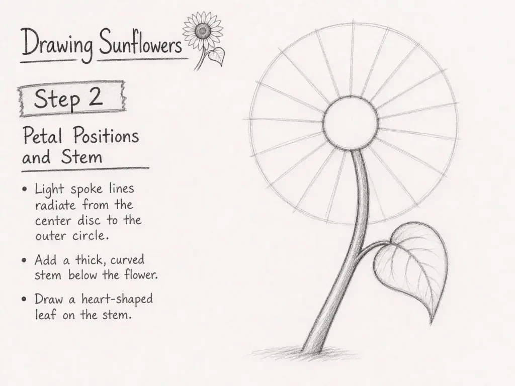 A step-by-step drawing tutorial image showing a sunflower with spoke lines for petals, a curved stem, and a heart-shaped leaf.