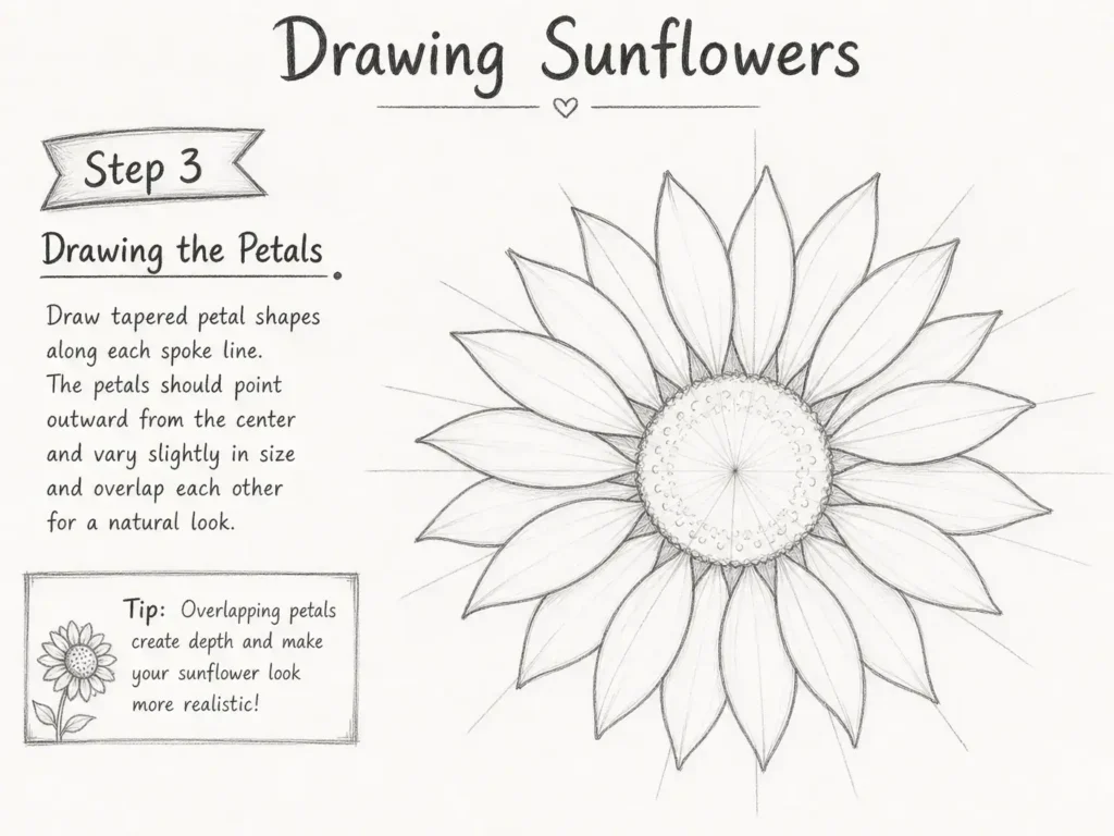 A detailed pencil drawing showing the process of adding individual petals to a sunflower, with some overlapping.