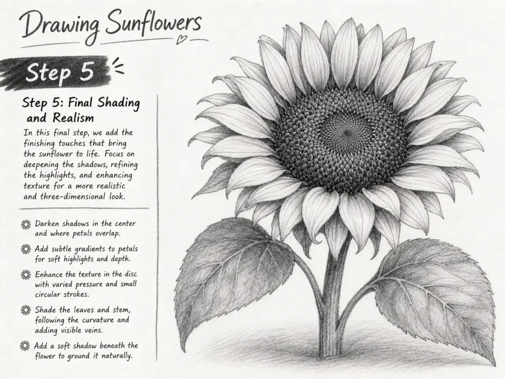 A fully shaded and completed pencil drawing of a sunflower, showcasing realistic texture, shading, and a ground shadow.