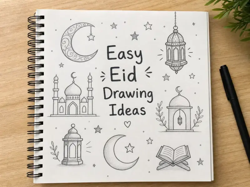Easy Eid Drawing Ideas sketchbook with simple Eid doodles for beginners