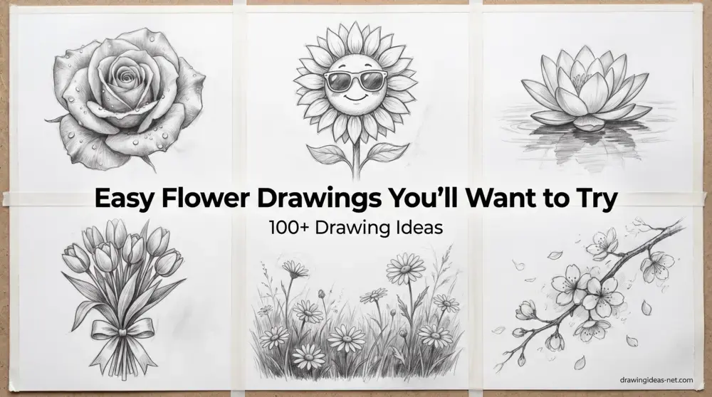 Easy flower drawing ideas featuring pencil sketches of a rose, sunflower, lotus flower, tulip bouquet, daisy field, and cherry blossom branch on white paper.
