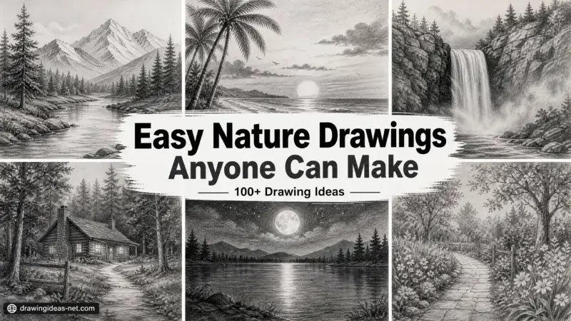 Easy nature drawing ideas featuring pencil sketches of mountains, waterfalls, beaches, forest cabins, moonlit lakes, and scenic garden pathways.