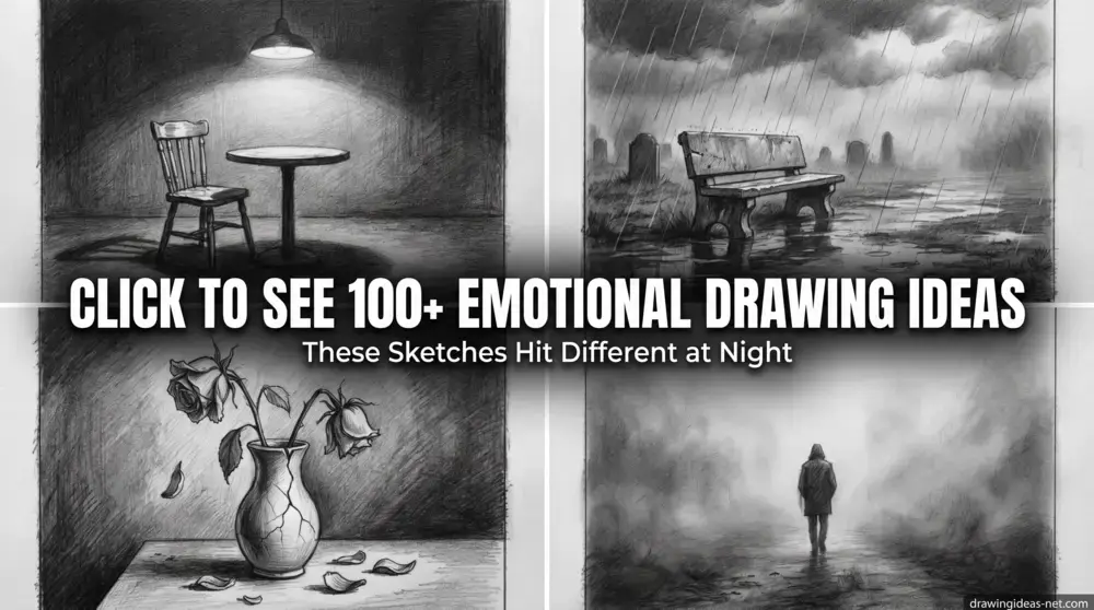 Emotional drawing ideas featuring a lonely chair under a light, a rainy bench scene, wilted roses in a cracked vase, and a solitary figure walking through fog in dark pencil sketch style.