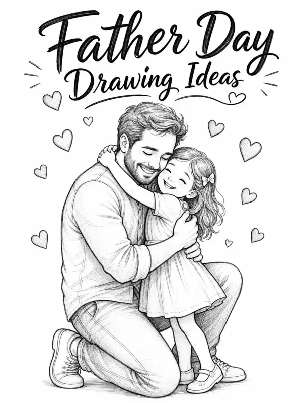 Father Day Drawing Ideas sketch showing a father hugging his daughter in simple pencil drawing style