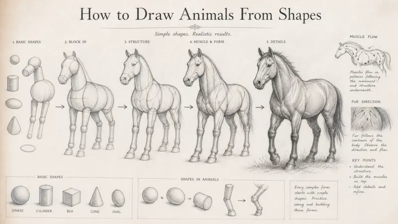 How to Draw Animals From Shapes into realistic anatomy drawings