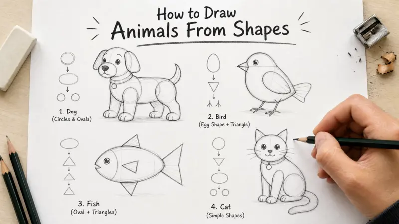 How to Draw Animals From Shapes using simple circles ovals and triangles