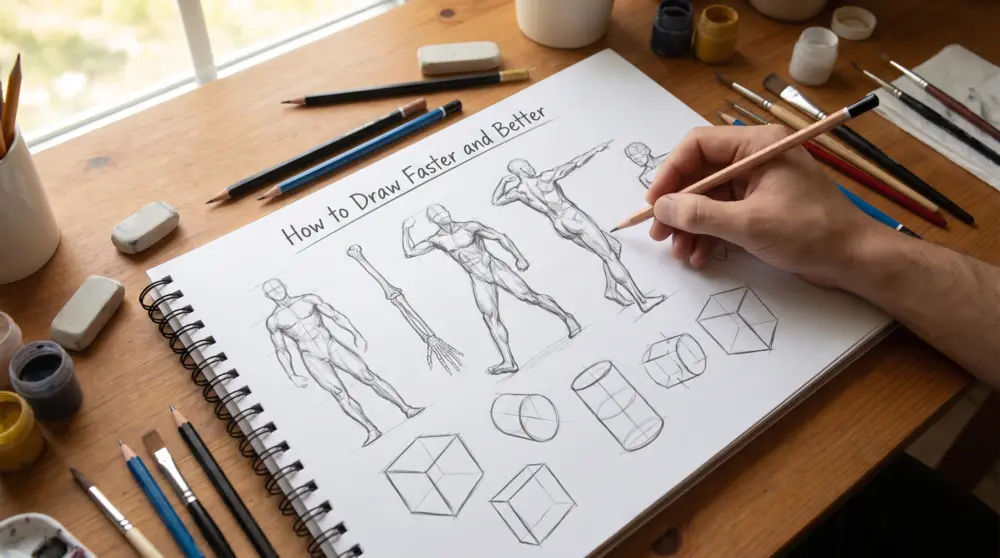 Artist practicing gesture drawing and sketching techniques for how to draw faster and better