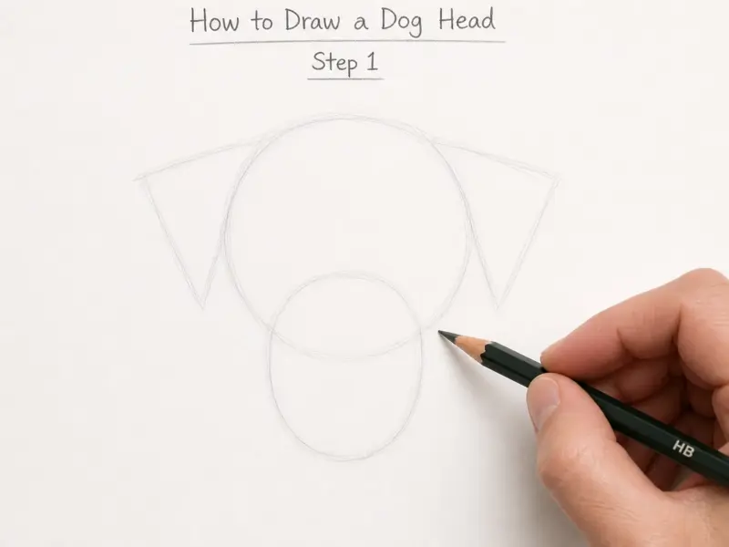 Step 1: Basic shapes for drawing a dog head, including a circle for the skull, oval for the muzzle, and triangles for ears.