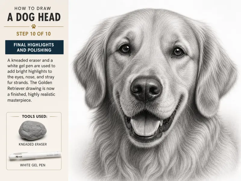 Step 10: Final highlights and polishing for a realistic dog head drawing, refining details and adding bright reflections to eyes and nose.