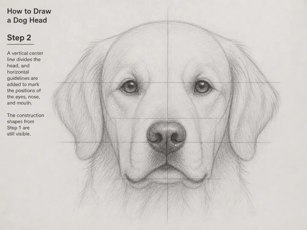 Step 2: Guidelines for drawing a dog head, showing vertical and horizontal lines for eye, nose, and mouth placement.