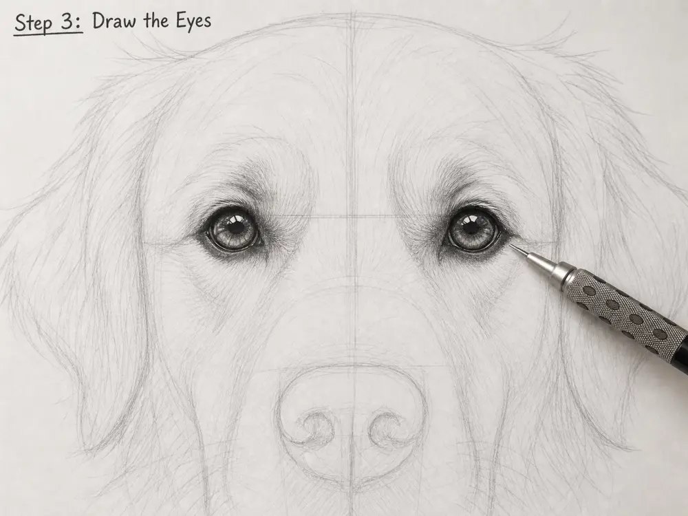 Step 3: Drawing the dog's eyes with detailed pupils, reflections, and highlights for a realistic dog head.