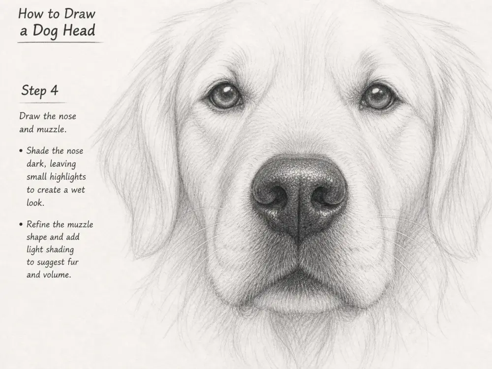 Step 4: Drawing the dog's nose and muzzle, detailing texture, nostrils, and shading for a realistic dog head.