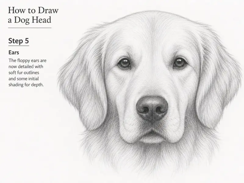 Step 5: Sketching the dog's ears, showing their shape, folds, and how they attach to the head for a realistic dog head.