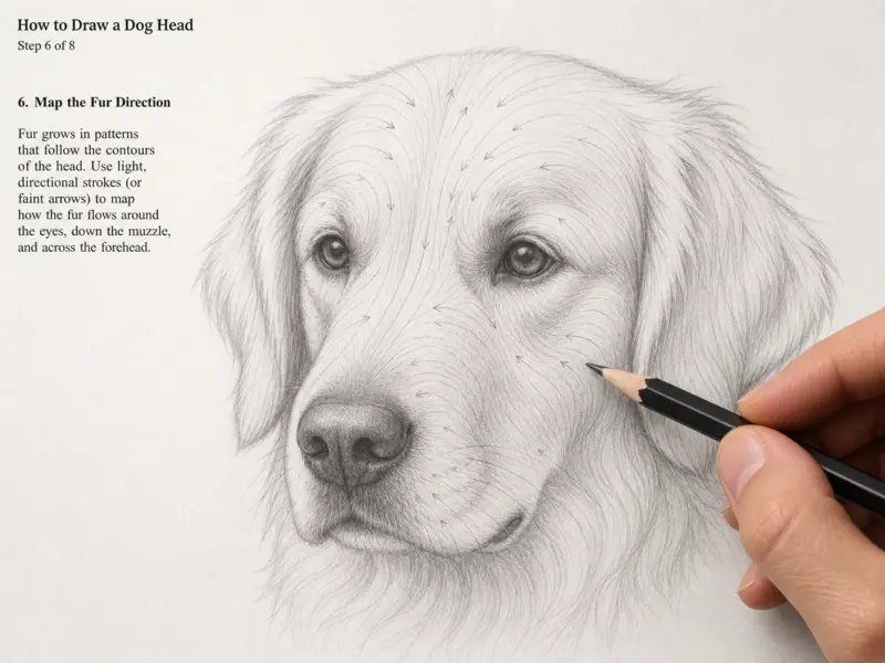 Step 6: Mapping fur direction on the dog's head, showing how fur grows around eyes, muzzle, and cheeks for a realistic dog head.