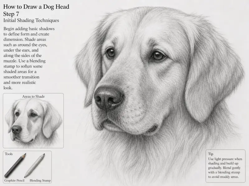Step 7: Initial shading techniques for drawing a dog head, adding basic shadows around eyes, ears, and muzzle for depth.