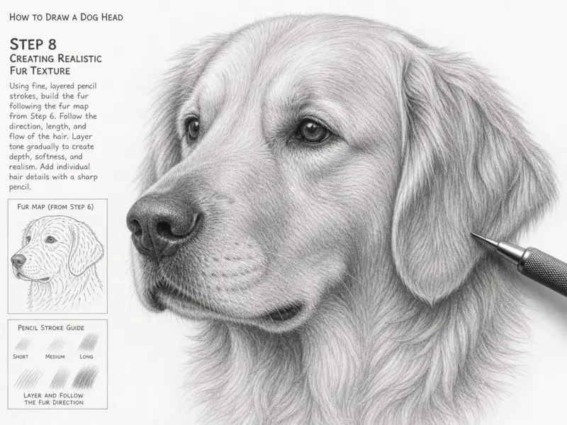 Step 8: Creating realistic fur texture on the dog's head with layered pencil strokes, following natural fur growth for a realistic dog head.