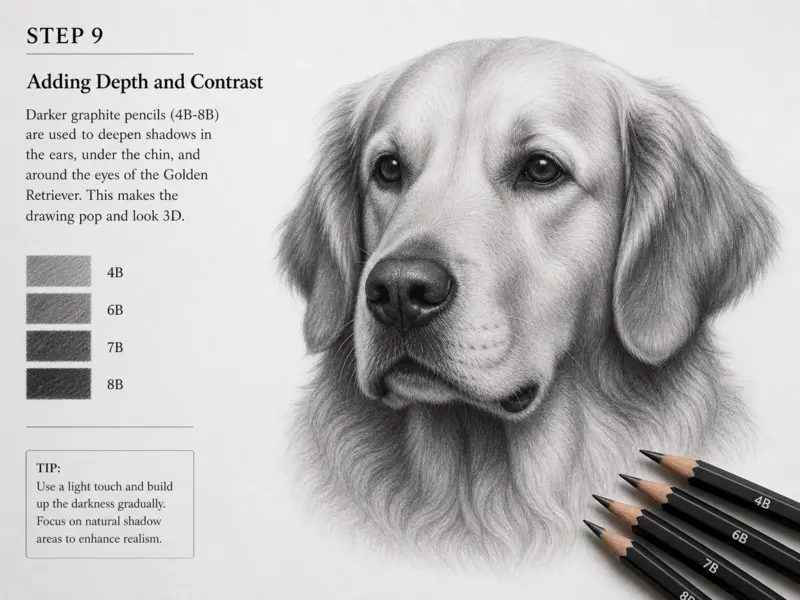 Step 9: Adding depth and contrast to the dog's head drawing by deepening shadows in key areas for a more realistic dog head.