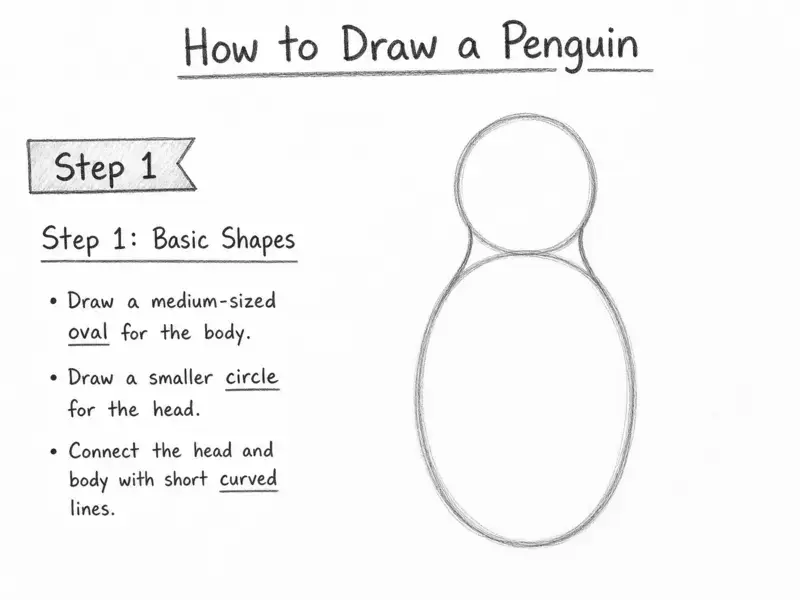 A pencil sketch showing the first step of how to draw a penguin using a medium oval and a small circle.