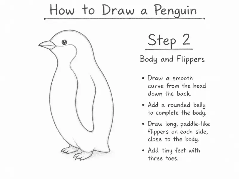 A step-by-step drawing tutorial image showing the penguin's body outline, flippers, and feet.