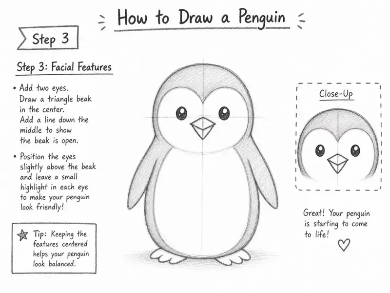 A detailed pencil drawing showing how to place eyes and a beak on a penguin's head for a realistic look.