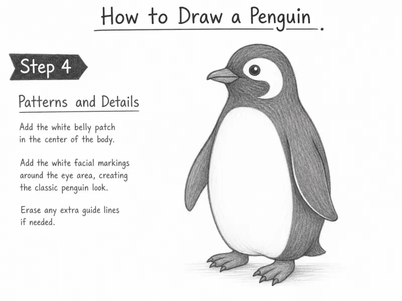A drawing of a penguin with added markings and patterns to differentiate the black and white areas of its body.