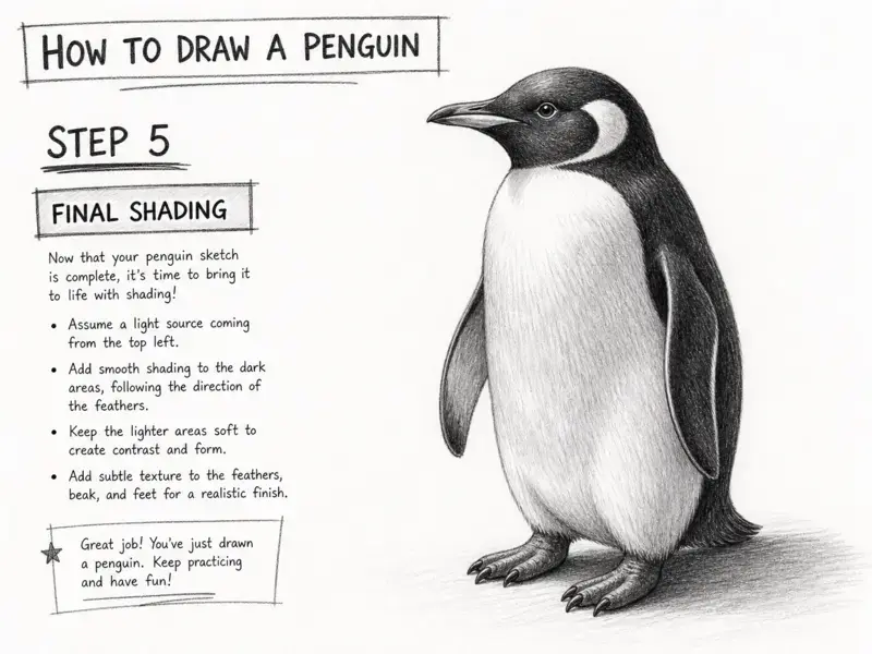 A fully shaded and completed pencil drawing of a penguin, showing professional texture and lighting effects.