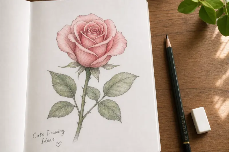 A realistic graphite pencil drawing showing how to draw a rose with petals and leaves.