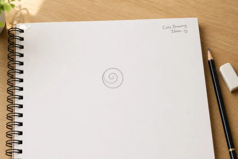 Step 1 of how to draw a rose showing a basic circle and center spiral.