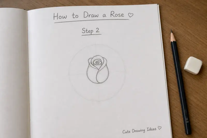 Adding tight inner petals in the second step of how to draw a rose.