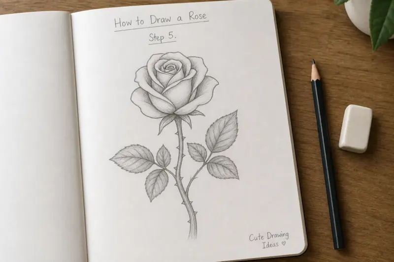A rose drawing with a detailed stem, sharp thorns, and textured leaves.