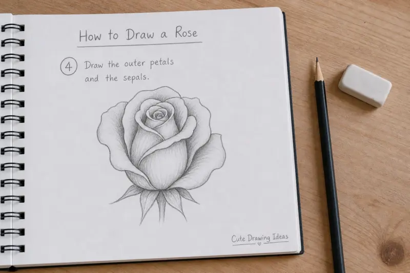 Drawing the outer petals and sepals of a rose flower.