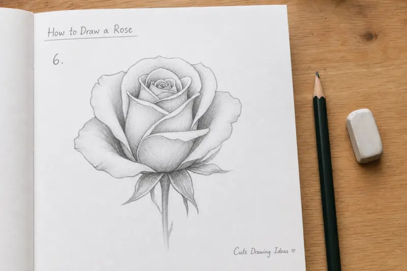 Applying graphite pencil shading to a rose drawing for realism.