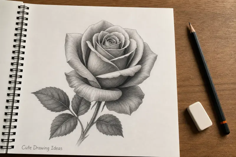 The final realistic shaded version of how to draw a rose.