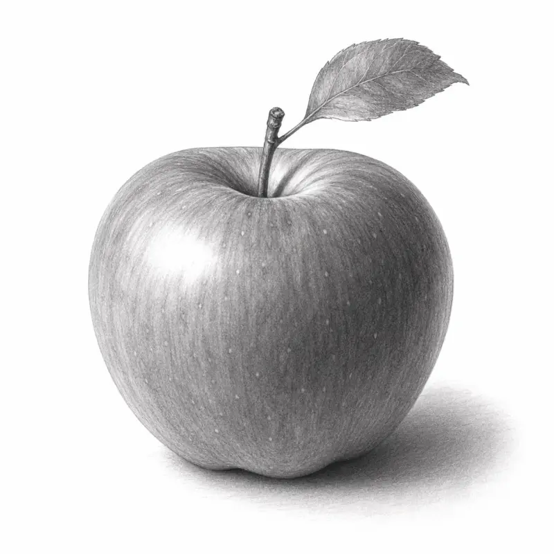 A realistic graphite pencil drawing of an apple showing how to draw an apple with shading and texture.